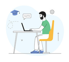 Distance education concept. Student sits at workplace and listens to online lesson on laptop. Young man gets knowledge remotely. Learning and study. Cartoon flat vector illustration in doodle style