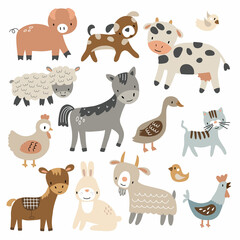 Farm animals set in flat style isolated on white background. Vector illustration. Cute cartoon animals collection: sheep, goat, cow, donkey, horse, pig, cat, dog, goose, chicken, hen, rooster