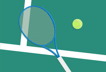 Tennis. Spring sport composition with yellow tennis ball and racket on a green background of tennis court with copy space. Sport and healthy lifestyle. concept of outdoor game sports. Flat lay - obrazy, fototapety, plakaty