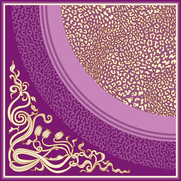 Purple shawl with Art Nouveau floral corner decor, leopard skin pattern. Scarf, bandana print, pocket square range, handkerchief, carpet 
