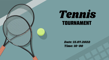 Vertical Tennis Championship and Tournament Poster. Indoor, outdoor, navy blue, racket, court. Close up. Flat, simple, retro style. Vector template