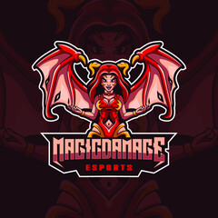 Fototapeta na wymiar Magic damage logo illustration with devil-winged woman, Suitable for sports logos, T-shirt designs and product identities, etc. character logos.