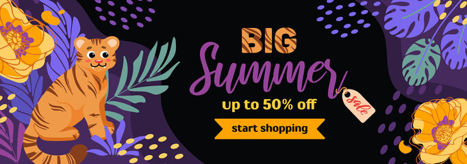 Obraz premium Bright summer sale horizontal banner in cartoon style. Tiger, tropical leaves and flowers. Violet-orange on a dark background. For advertising banner, website, poster, sale flyer.