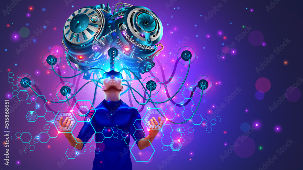 Aufkleber Big Artificial brain or Supercomputer with AI via wires connected with human brain. Deep learning of neural networks, artificial intelligence concept. Sci-fi illustration of tech genius or super human