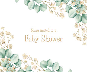 Watercolor illustration card baby shower with eucalyptus white flowers frame. Isolated on white background. Hand drawn clipart. Perfect for card, postcard, tags, invitation, printing, wrapping. - obrazy, fototapety, plakaty
