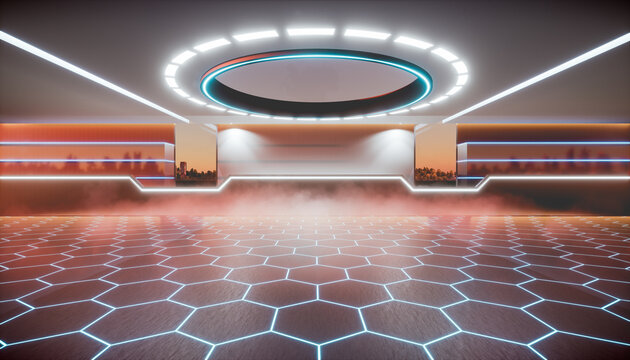 3d rendering of interior room, empty space with ceiling, light, metal tile floor, counter and shelft. Modern or futuristic background design of showroom, spaceship. Concept of technology, future.
