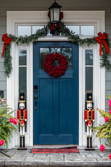 Navy Blue front door of a house home decorated for Christmas with a wreath and garland and two...