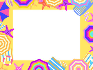 Beach frame, top view. Beach umbrellas and flip flops with starfish on the sand in flat style. Design a template for invitation, flyer and greeting card with space for text. Vector illustration