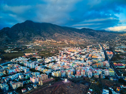 A panoramic drone view of Los Llanos de Aridane