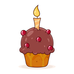 Delicious cupcake with birthday candle. Chocolate muffin. Dessert vector illustration design