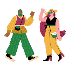 Young women walking and waving hands. Female full length characters greeting. Cheerful girls wearing trendy clothes. Yellow, purple, green, black. Flat hand drawn cartoon vector illustration