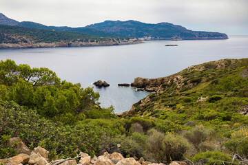 View of the bay of S'Algar de San Telmo and Punta de Sa Galinda on the island of Mallorca, from the natural park of the Dragonera island, Balearic Islands, Spain