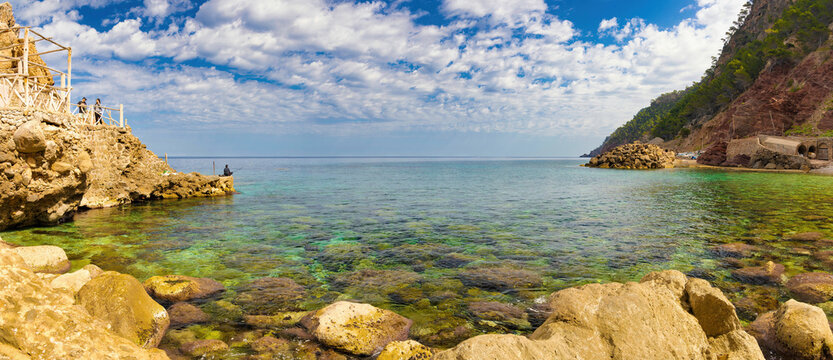 Panoramic view of Estellencs cove, a clear spring day. Majorca, Balearic Islands, Spain