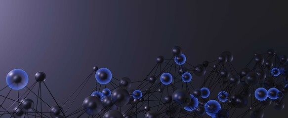 Abstract molecules with geometric connections background. Round futuristic balls with 3d render blue and dark shell and black connection lines. Change in atomic structure of dna and rna