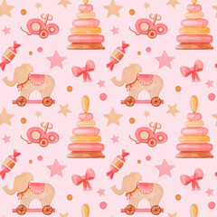 Watercolor hand-drawn seamless pattern in pank colors for kids nursery. Vintage toys for newborn girl.