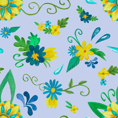 Fototapeta na wymiar Watercolor seamless botanical pattern. Spring elegant flower illustration. Hand-drawn floral art with blue and yellow flowers, green leaves for textile and fabric at purple background.