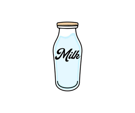 Glass retro milk bottle, dairy, food and drink, logo design. Meal, drinking, milk farm and dairy factory, vector design and illustration