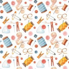Watercolor seamless vintage pattern for sewer with tools. Sewing art with needles, pins, buttons for textile and packs. Equipment for fashion designer at white background.