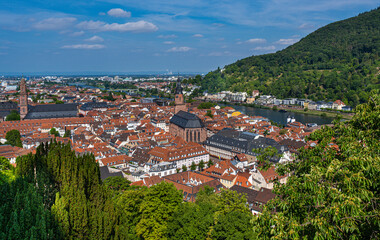 Fototapeta na wymiar View of the old town of Heidelberg with the Holy Spirit Church, Jesuit Church and the river Neckar. Baden Wuerttemberg, Germany, Europe