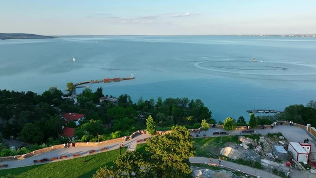 Aerial view of Tihany village overlooking Lake Balaton in Hungary
