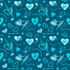 Watercolor seamless hand-drawn trendy pattern in denim colors. Abstract art with blue hearts for textile.