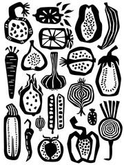 abstract cutout style different doodled fruits and vegetables art poster, vector illustration graphic print