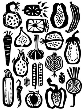 Abstract Cutout Style Different Doodled Fruits And Vegetables Art Poster, Vector Illustration Graphic Print