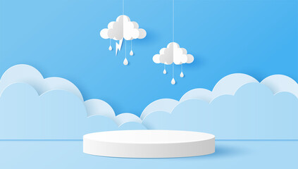 Paper cut of white cylinder podium for products display presentation with clouds, raindrops and lightning. Vector illustration