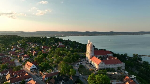 Aerial view of Tihany village overlooking Lake Balaton in Hungary - Sunset
