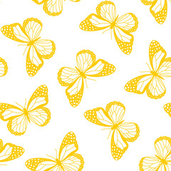 Obraz premium Seamless pattern with yellow butteflies and white background.