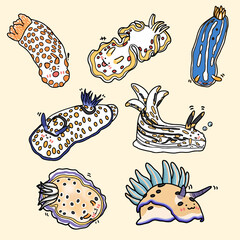 Nudibranch cartoon character illustration vector set