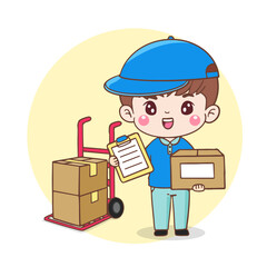 Cartoon character delivery man. courier in uniform holding report paper and cardboard box hand truck. Flat illustration isolated vector design