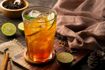 Thai Soft drink,Lime Iced Tea,black tea with lime juice and sugar,garnished with lime slices and...