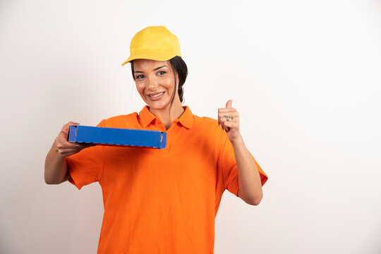 Delivery Service Woman Holding Pizza Cardboard Box