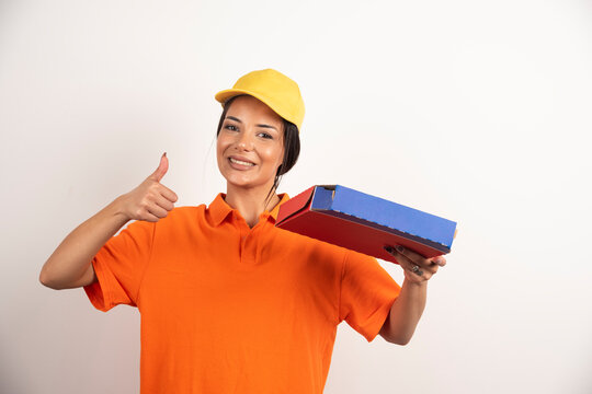 Delivery Service Woman Holding Pizza Cardboard Box