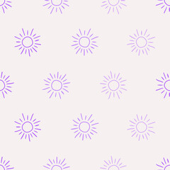 Fototapeta na wymiar Violet seamless pattern with purple tiny outline sun.