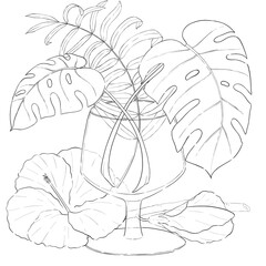 Glass with palm and monstera leaves and hibiscus flowers outline illustration