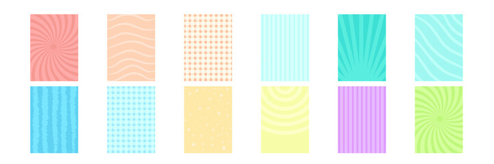 scrapbook background. Vector. Cute birthday prints. Set textures with polka dots, stripe, zigzag. Pastel illustration. Retro backgrounds. Trendy colored geometric background