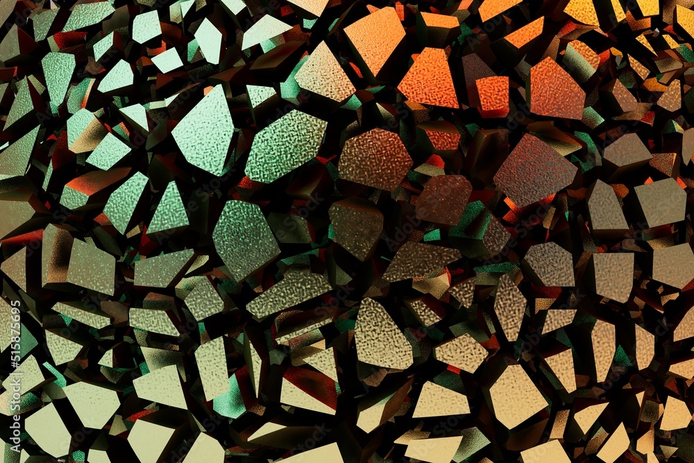 Poster beautiful golden background with wide cracks. pieces of material of different sizes and shapes. 3d i