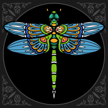 Dragonfly zentangle arts. isolated on black background