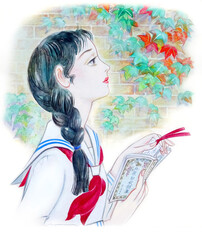 昭和レトロ 紅葉する蔦の壁とセーラー服の少女
