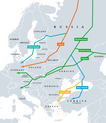 Natural gas pipelines from Russia to Europe, political map. Existing major pipelines, shown in different colors. Nord Stream, Yamal, Brotherhood, Central Asia, Soyouz, Blue Stream and Turkstream.