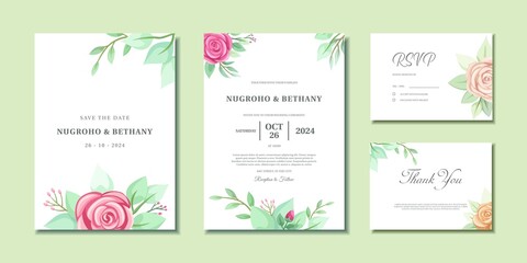 Fototapeta na wymiar Wedding invitation with beautiful pink rose bouquet and leaves. Wedding invitation, Thank you card and RSVP with rose flower bouquet.