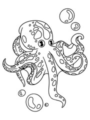 Children coloring book, sea animal. Isolated octopus with air bubbles. Zentangle style.