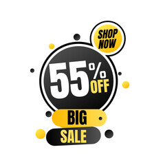 55% off percent offer, shop now, Big sale. Abstract black and yellow discount design in vector illustration, Fifty-five 