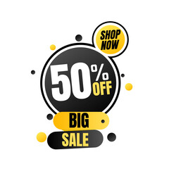 50% off percent offer, shop now, Big sale. Abstract black and yellow discount design in vector illustration, Fifty 