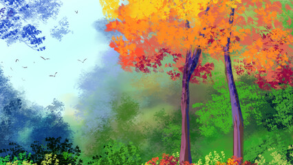 summer autumn fall all season forest with red leavers tree anime painterly artistic wallpaper