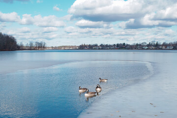 Winter scenery of lake Quannapowitt Wakefield MA USA