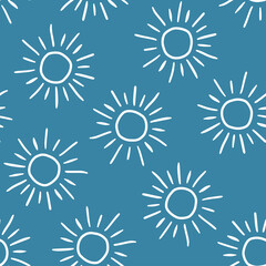 Blue seamless pattern with white outline sun.