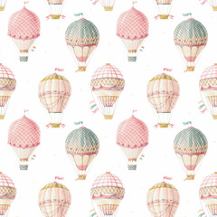 Beautiful vector seamless pattern with cute watercolor hand drawn retro vintage air balloons with flags. Stock illustration.
